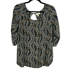 Silence + Noise Boho Chic Silk Floral Short Sleeve Round Neck Blouse Medium